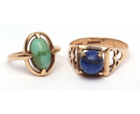 Mixed Lot: modern 9ct gold lapis lazuli dress ring, the circular cabochon cut stone claw set and raised in a pierced scrolled