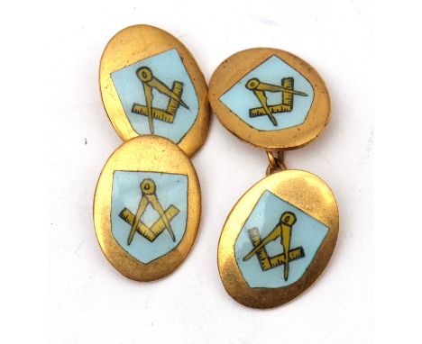 Pair of gilt metal and enamel Masonic cufflinks, oval shaped with a shield enamel depicting a square and compass motif, chain