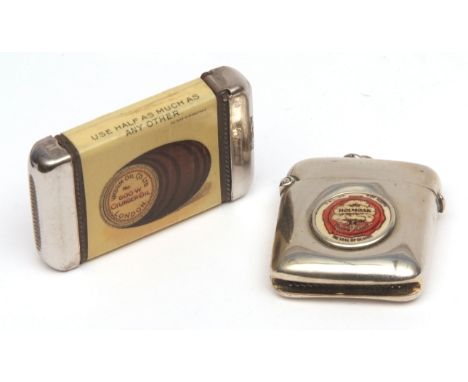 Mixed Lot: two various base metal advertising vesta cases, the first of square form with hinged and sprung cover and ring sus