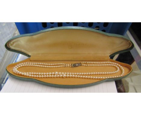 Blue basket and contents to include cased Mikimoto cultured pearl necklace, a Butler & Wilson gilt metal and enamel brooch, c