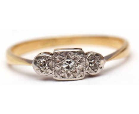 Antique precious metal three stone diamond ring, the 3 graduated small single cut diamonds, each set in a star engraved setti