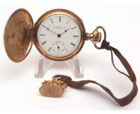 Late 19th century American gold plated full hunter mid-size pocket watch, Elgin, 8297145, the 7-jewel movement with bi-metall