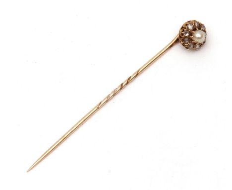 Early 20th century cultured pearl and diamond set stick pin, the claw set cultured pearl within a surround of 8 small rose cu