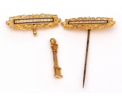 Mixed Lot: three mid-grade yellow metal and enamel Masonic jewels, a stick pin enamelled "Corinthian" and a similar clip, Lod