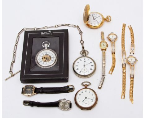 Mixed Lot: four various pocket watches including one silver cased example, together with a base metal watch chain and 5 vario