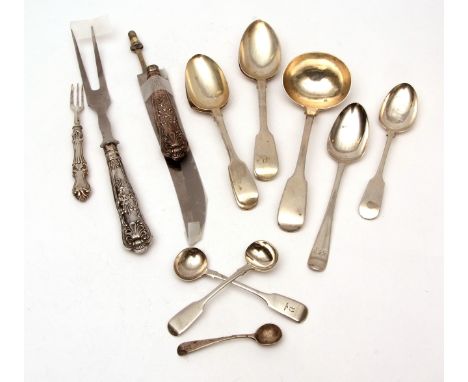 Mixed Lot: five various Fiddle pattern dessert spoons and a further Hanoverian dessert spoon, three various salt spoons and F