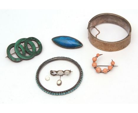 Mixed Lot: rolled gold hinged bracelet, a blue glass bead set bangle, a malachite brooch, a moonstone brooch (a/f), an antiqu