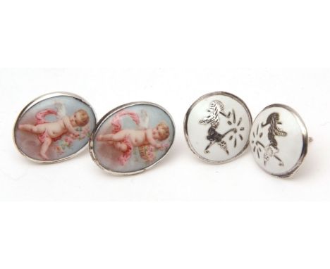 Mixed Lot: pair of Siamese white metal and enamel earrings, circular shaped, 12mm diam, having mythological design in a white