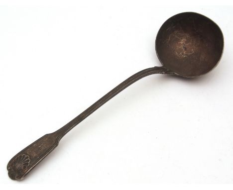 Victorian double-struck Fiddle, thread and shell pattern soup ladle with oval bowl and diamond heel, initialled, length 13ins