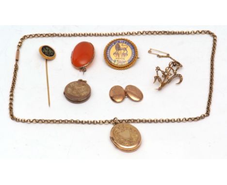 Mixed Lot: early 20th century oval 9ct gold back and front locket, engraved detail on a circular link chain stamped 9c; a yel