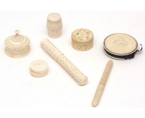Mixed Lot: various ivory and bone sewing implements including two cylindrical needle cases, barrel shaped thimble case, three