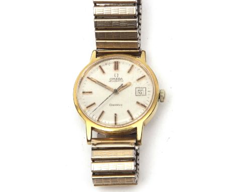 Late 20th century gold plated centre seconds calendar wristwatch, Omega "Geneve", 33739747, the jewelled movement to a signed