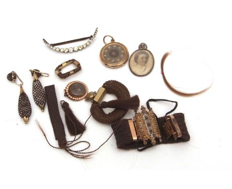 Mixed Lot: Victorian hair jewellery to include a pair of torpedo shaped plaited earrings, bracelets, brooch and three yellow 