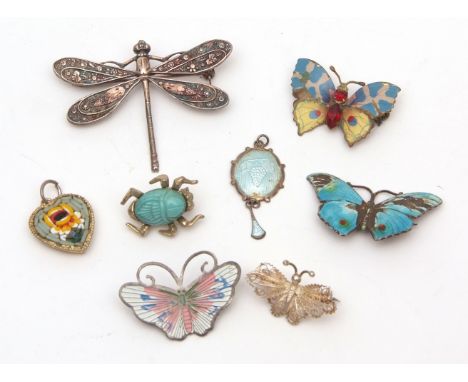 Mixed Lot: six insect brooches to include a silver and enamel butterfly brooch, (a/f), a small filigree butterfly heart shape