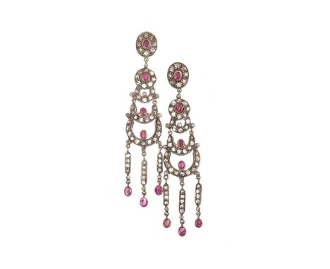 PAIR OF RUBY AND DIAMOND EARRINGS, of chandelier form, set with rose cut diamonds and oval rubies, unmarked, likely silver on