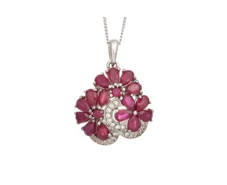 RUBY AND WHITE SAPPHIRE PENDANT, in the form of a flower cluster, in silver