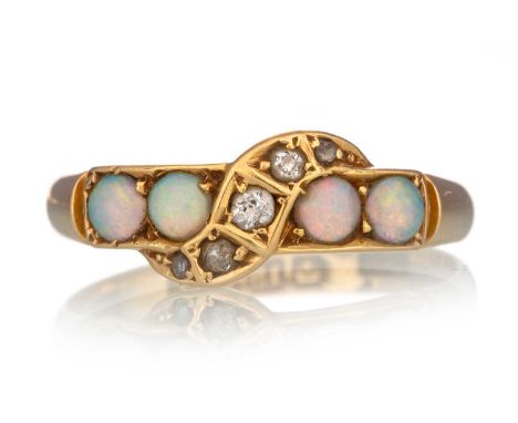 OPAL AND DIAMOND RING,  set three small diamond chips flanked by two opals to each side, in eighteen carat gold, size MQty: 2