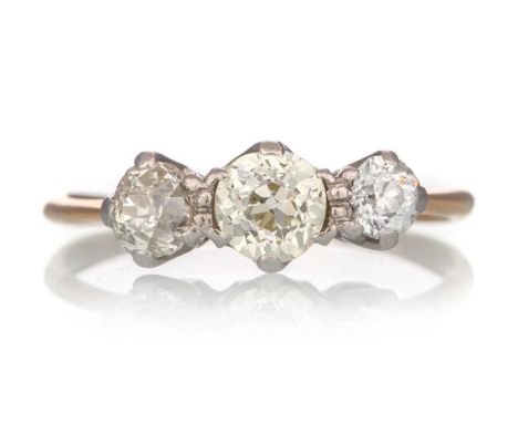 DIAMOND THREE STONE RING, the old cut diamonds totalling approximately 0.50 carats, unmarked, size K 1/2Qty: 1.7g