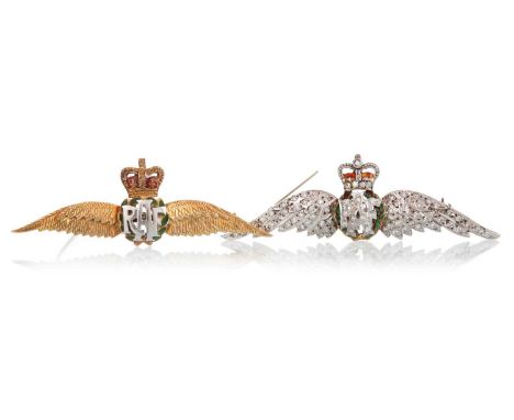 TWO RAF SWEETHEART BROOCHES,  one in nine carat yellow gold, the other in nine carat white gold and set with diamonds (2)  Qt