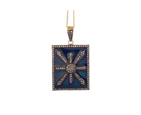 ENAMEL AND DIAMOND PENDANT, the blue enamel panel set with small rose cut diamonds, silver gilt