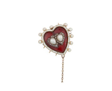 DIAMOND AND ENAMEL HEART SHAPED BROOCH,  with two central pearls within rose cut diamond borders, with red and white enamel a