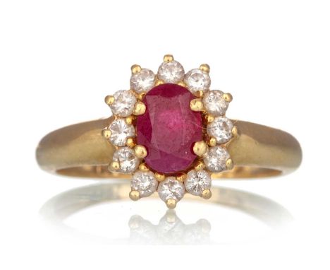 RUBY AND DIAMOND CLUSTER RING, marked 750, size O