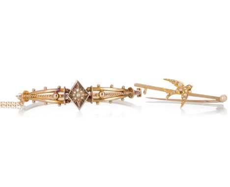 SEED PEARL SWALLOW BROOCH AND A BANGLE, the swallow modelled clutching a pearl, along with Victorian seed pearl bangle, each 
