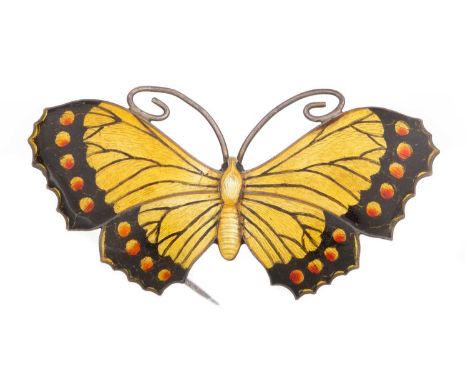 ART NOUVEAU SILVER AND ENAMEL BUTTERFLY BROOCH, BY JOHN ATKINS & SONS  in yellow, black and orange enamelthe brooch 5.5cm wid