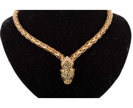 GOLD PANTHER NECKLET, the panther head set with ruby eyes and diamond collar, the chain of herringbone design, in eighteen ca