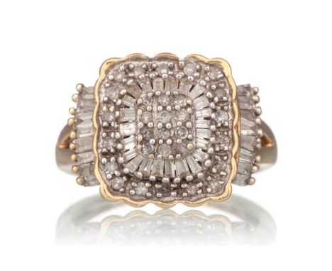 DIAMOND DRESS RING, set with round and baguette cut diamonds, in nine carat gold, size K 1/2Qty: 4.6g