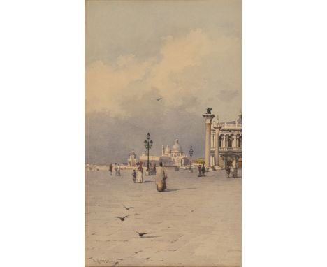 * Prosdocimi (Alberto, 1852-1925). Venice - The Salute in the Distance, watercolour, showing St Marks Square, Venice, signed 