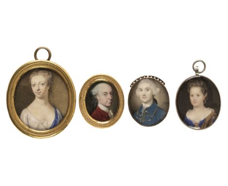 * English School. Oval portrait miniature of a lady, early-mid 18th century, watercolour on card, head and shoulders portrait