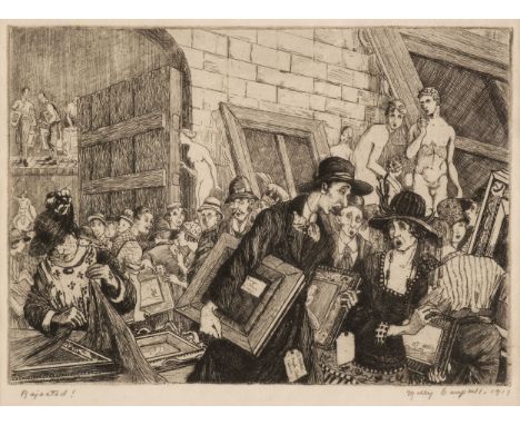 * Campbell (Norah Mary, 1888-1971). Rejected!, 1919, etching, depicting a chaotic scene outside a large stone building, crowd