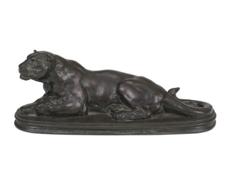 * Barye (Antoine-Louis, 1796-1875). Panthère couchée (Recumbant Panther), bronze with dark reddish brown patina, incised BARY