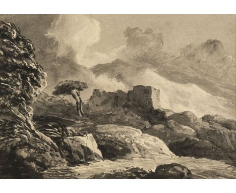* Cox (David, 1783-1859). Stormy Landscape, black and grey wash on thick wove paper, laid onto later printed newspaper backin