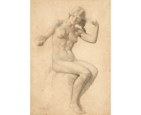 * Hughes (Edward Robert, 1851-1914). Seated female nude, black chalk on cream laid paper, signed lower left, some light overa