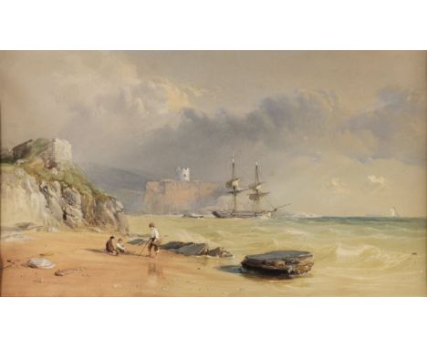 * Jackson (Samuel Phillips, 1830-1904). Coastal scene with figures on the beach, a ketch rigged merchantman at anchor in the 