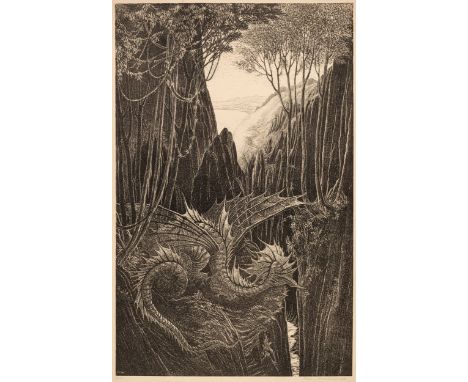 * Hallward (Patience Mary, 1892-1981). In Ambush, 1921, lithograph, depicting a waiting dragon coiled up in wooded rocky land