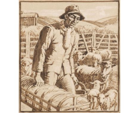 * Dearden (Harold, 1888-1962). Shepherd and his Flock, pen and ink on grey paper, depicting a shepherd carrying hay and water