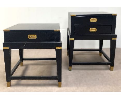 Coach House lamp table with two campaign style drawers, 70 x 53 x 53 cm, and another with single drawer, (2).