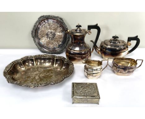 An EPNS tea service, to include: coffee pot, 23cm, tea pot, milk jug and sugar bowl, also a footed salver, serving dish and c