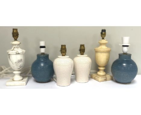 Group of 6 table lamps, pair of blue pottery lamps, pair of crackle effect, and two polished stone, tallest 32cm to top of la
