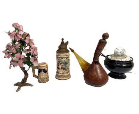 Group of decorative objects, to include: German stein, 27 cm, another mug, glass flask, water fountain, stone tree, (5).