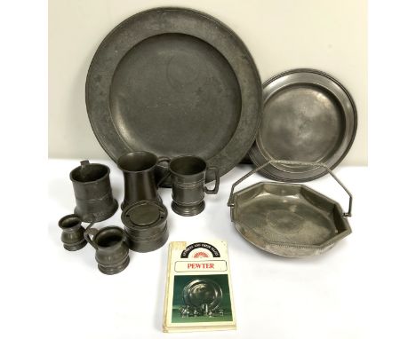 A collection of pewter, to include: charger or plater with MWH beneath crowns, touch marks and London to base, 38 cm, also a 