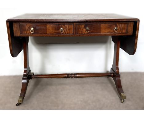 Regency style sofa table with two drawers, 72 x 153 x 61 cm when open.