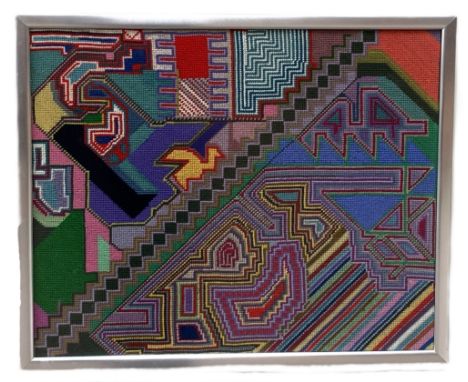 Framed abstract textile panel, 52 x 43cm, and four prints, (5).