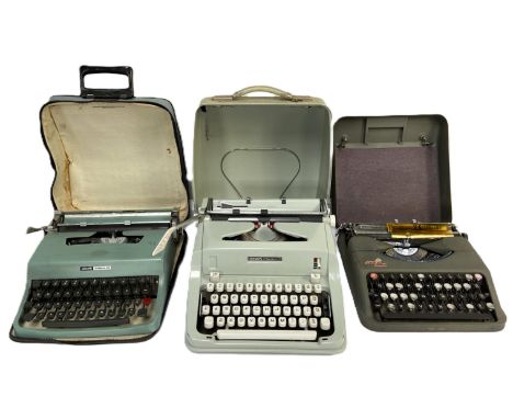 A group of typewriters, including Hermes Media 3, Olympiette Special, Imperial, Olivetti Lettera 32 and Empire Aristocrat, (5