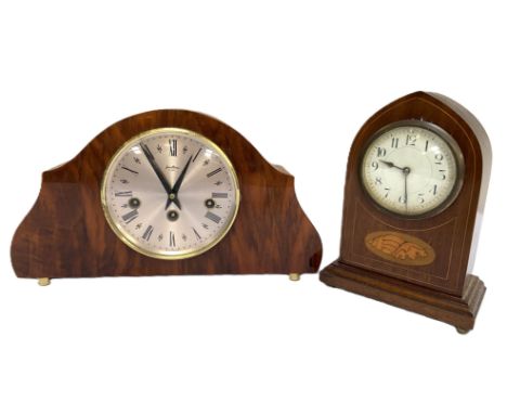 An Edwardian inlaid lancet clock, 23 cm, and a Bentima mantle clock, (2)
