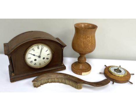 An Edwardian mahogany cased mantel clock of architectural form, face marked J Ritchie &amp; Son Edinburgh, 19cm.; also a pres