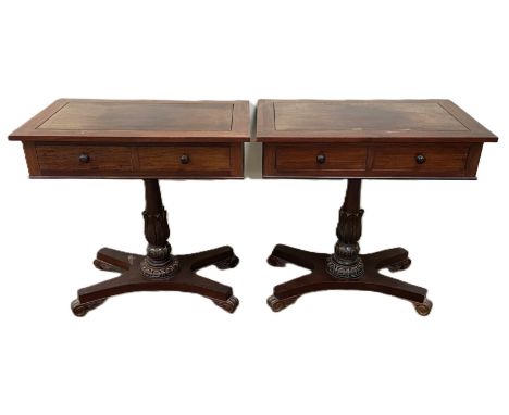 Pair of William IV style lamp tables with two drawers on foliate support and quadruped base, 71 x 70 x 43 cm, (2).